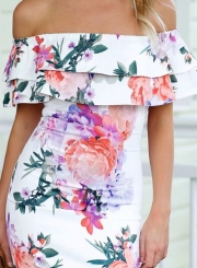 Fashion Slash Neck Floral Printed Ruffle Dress