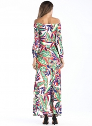 Off Shoulder Leaf Printed Slit Maxi Dress