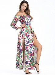 Off Shoulder Leaf Printed Slit Maxi Dress