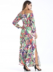 Off Shoulder Leaf Printed Slit Maxi Dress