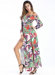 Off Shoulder Leaf Printed Slit Maxi Dress