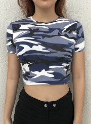 Fashion Short Sleeve Ripped Camo Crop Tee