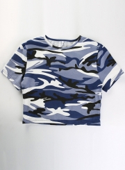 Fashion Short Sleeve Ripped Camo Crop Tee