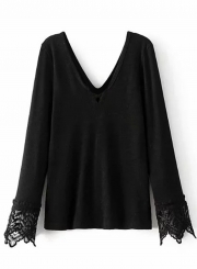 V Neck Long Sleeve Backless Slim Fit Lace Tee