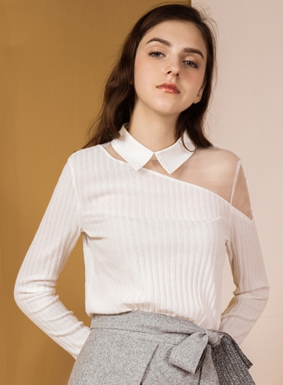 Turn-Down Collar Mesh Long Sleeve Blouse