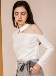 Turn-Down Collar Mesh Long Sleeve Blouse