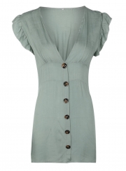 Feshion V Neck Buttons Flounce Sleeve Dress