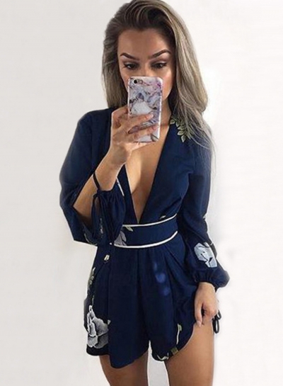 Fashion One Piece Deep V Neck Floral Jumpsuits