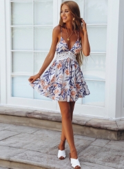 Fashion Floral Printed Backless Holiday Short Dress