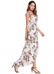 V Neck Backless Irregular Floral Printed Dress