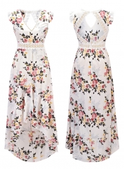 V Neck Backless Irregular Floral Printed Dress