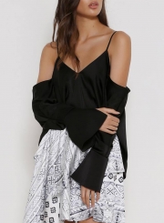 V Neck Off Shoulder Back Slit Blouse