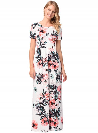 Floral Printed Short Sleeve Maxi Dress zecalaba.com