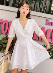 Fashion V Neck Embroidery Half Sleeve Dress