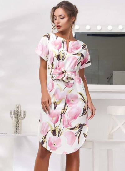 Fashion V Neck Floral Printed Irregular Dress With Belt