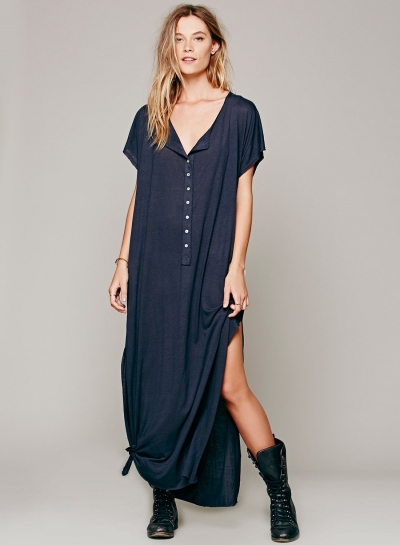 V Neck Buttons High Slit Loose Dress