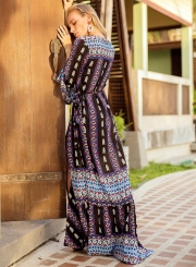 V Neck Flare Sleeve Printed Slit BOHO Maxi Dress