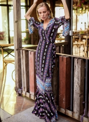 V Neck Flare Sleeve Printed Slit BOHO Maxi Dress