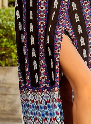 V Neck Flare Sleeve Printed Slit BOHO Maxi Dress