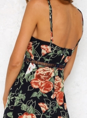 Spaghetti Strap Backless Floral Printed Mini Dress