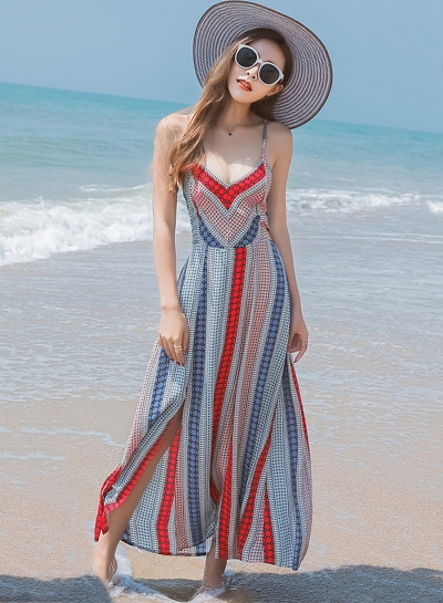 Slit Backless Lace up BOHO Maxi Dress