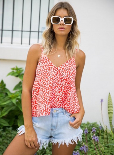 Spaghetti Strap Off Shoulder Floral Printed Tank Top