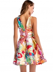 Deep V Neck Backless Floral Printed Mini Dress