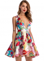 Deep V Neck Backless Floral Printed Mini Dress