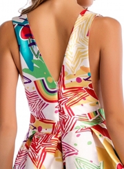 Deep V Neck Backless Floral Printed Mini Dress