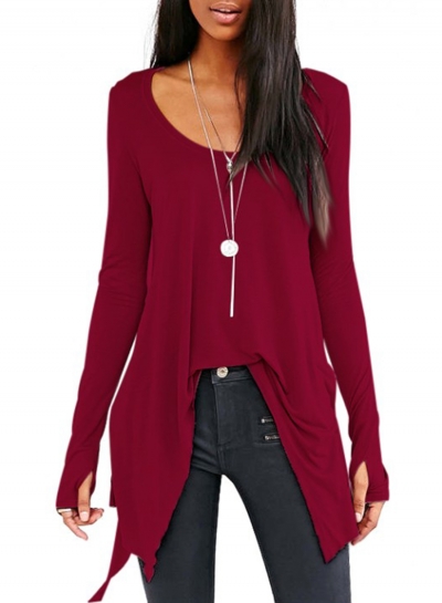 Fashion Scoop Neck Solid Color Long Sleeve Irregular Tees zecalaba.com