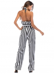 Halter Backless Striped Printed Jumpsuits With Belt