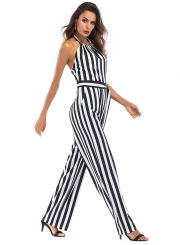 Halter Backless Striped Printed Jumpsuits With Belt