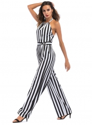 Halter Backless Striped Printed Jumpsuits With Belt