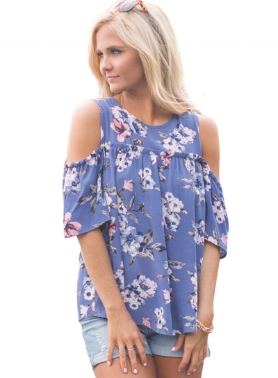 Round Neck Off the Shoulder Floral Printed Blouse