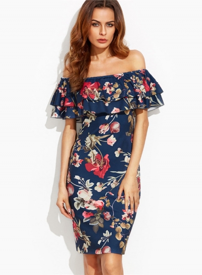 Slash Neck Off the Shoulder Floral Printed Bodycon Dress