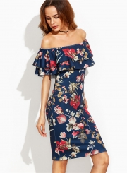 Slash Neck Off the Shoulder Floral Printed Bodycon Dress