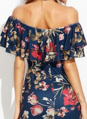 Slash Neck Off the Shoulder Floral Printed Bodycon Dress