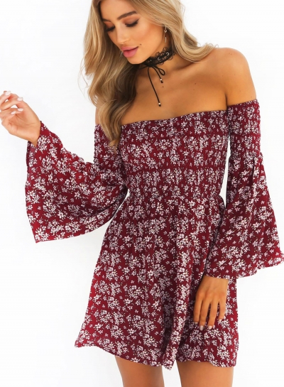 Off the Shoulder Flare Sleeve Floral Printed Dress