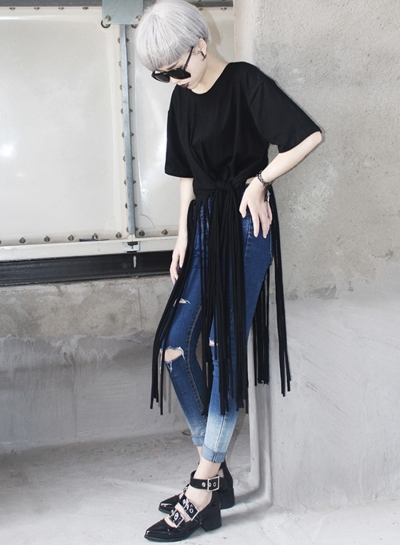 Round Neck Short Sleeve Tassel Tee Shirt zecalaba.com