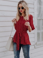 Fashion Round Neck Flare Sleeve Polka Dot Blouse With Belt