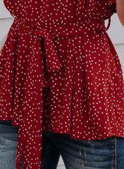 Fashion Round Neck Flare Sleeve Polka Dot Blouse With Belt