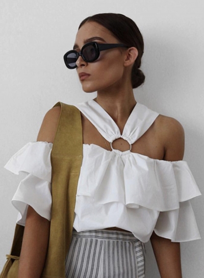 Fashion Halter Off Shoulder Flounce Sleeve Blouse zecalaba.com