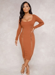 Off Shoulder Long Sleeve Lace-up Bodycon Dress