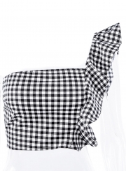 Fashion One Shoulder Plaid Ruffle Blouse