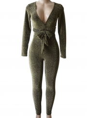 Deep V Neck Long Sleeve Slim Fit Jumpsuit with Belt