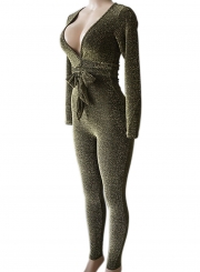 Deep V Neck Long Sleeve Slim Fit Jumpsuit with Belt