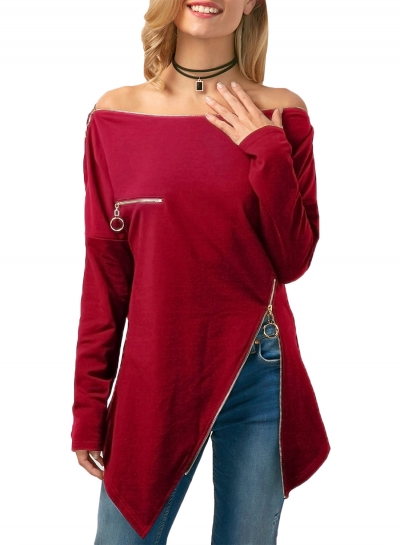 Zipper Embellished Asymmetric Hem Blouse zecalaba.com