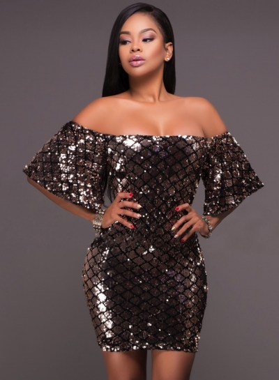 Off the Shoulder Short Sleeve Sequins Bodycon Dress zecalaba.com