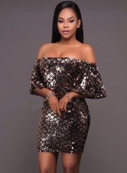 Off the Shoulder Short Sleeve Sequins Bodycon Dress