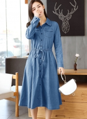 Long Sleeve Elastic Waist Denim Dress With Blet